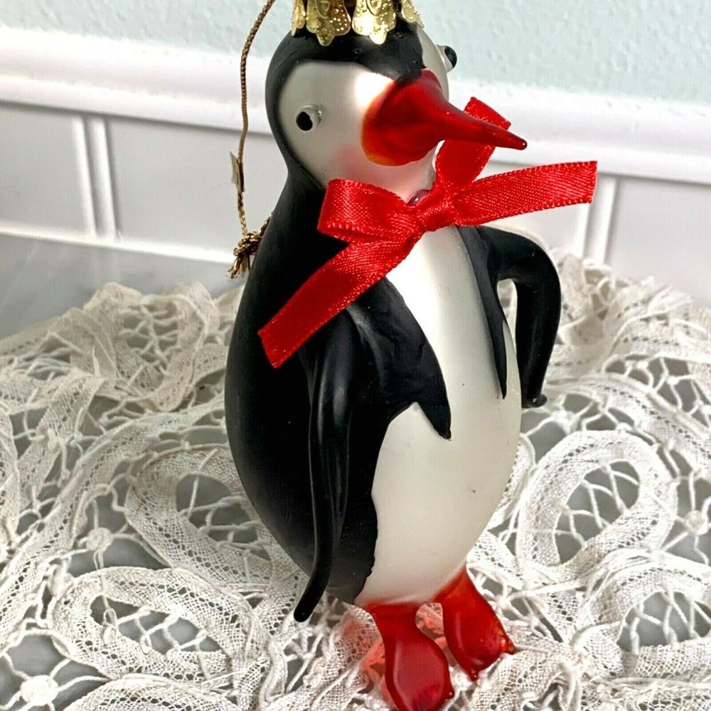 Penguin Glass Christmas Ornament 5” Tall